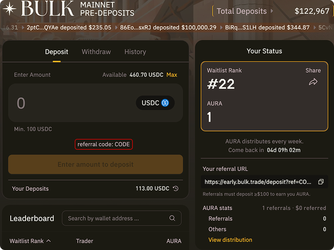 A screenshot of a web page with various links, and text about opening pre-deposits in Bitcoin. It appears that the main focus is on opening pre-deposits in Solana, specifically USDC as margin for the DAO platform. There are two codes available to be referred to - CODE 1 for maximum AURA boost and CODE 2 for referring multiple accounts at once.