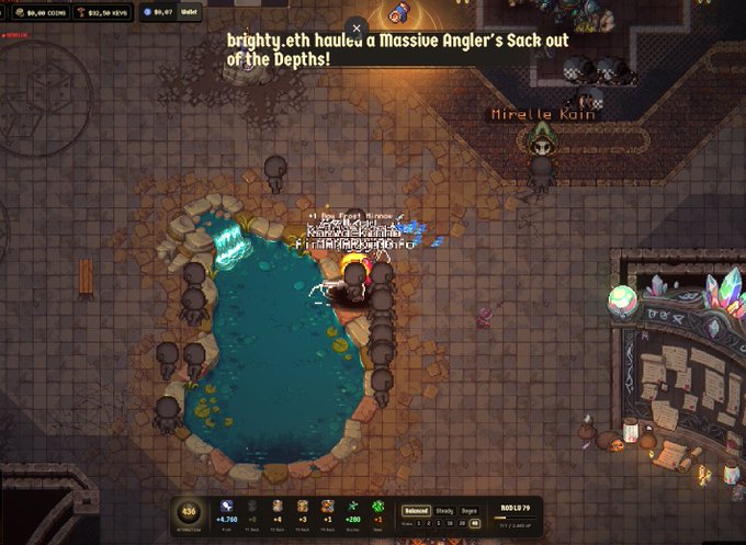 A pixel art fishing pond scene from the blockchain game Cambria shows a player named "brighty.eth" hauling out a "Massive Angler's Sack out of the Depths," with floating text including "Firelle Kain" and "456 Raymond Phantor" visible above the water alongside a wallet display of $12.56 NEWS tokens and a character balance panel at the bottom. The scene illustrates the post's excitement over rolling a T4 gem from their first T4 fishing sack during balanced-mode gameplay.