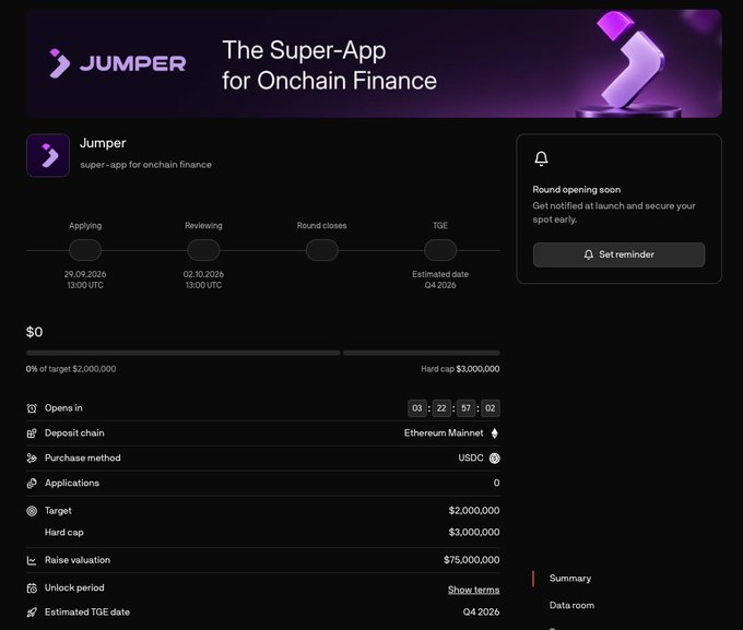 A token launch page for Jumper, described as 'The Super-App for Onchain Finance,' showing a target raise of $2,000,000 and a hard cap of $3,000,000 on the Ethereum Mainnet using USDC.