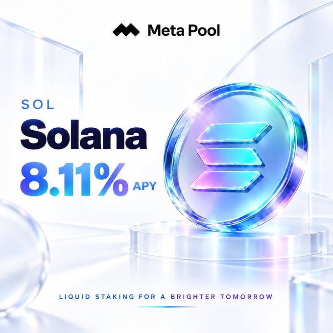 Meta Pool promotional graphic for Solana (SOL) liquid staking, displaying 8.11% APY alongside a holographic Solana coin and the tagline 'LIQUID STAKING FOR A BRIGHTER TOMORROW.'