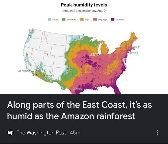 A Washington Post weather map titled 'Peak humidity levels' showing humidity across the United States, with the caption 'Along parts of the East Coast, it's as humid as the Amazon rainforest.'