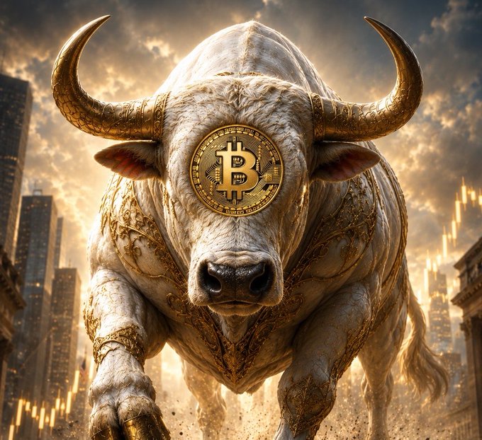 A powerful white bull adorned with gold accents charges forward, bearing the Bitcoin (₿) symbol prominently on its forehead, symbolizing bullish crypto momentum. The image visually represents the "$TCB (The Crypto Bull)" memecoin promotion, embodying strength and upward market energy.