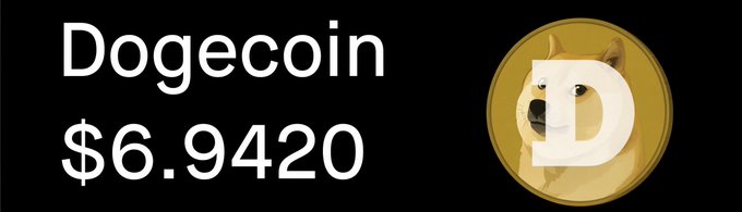 A "Dogecoin $6.9420" price ticker featuring the iconic Shiba Inu doge coin logo is displayed, humorously suggesting the meme coin has reached an astronomically high price—aligning with the post's playful sentiment that "Some things are just meant to be."