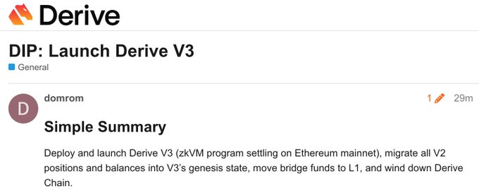 A Derive governance forum post titled 'DIP: Launch Derive V3' in the General category, posted by 'domrom', with a simple summary describing deploying Derive V3 on Ethereum mainnet and winding down Derive Chain.