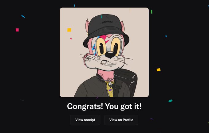 A confirmation screen reads 'Congrats! You got it!' above an illustration of a cat-like character wearing a 'DRGN' cap and holding a beverage, with 'View receipt' and 'View on Profile' buttons.