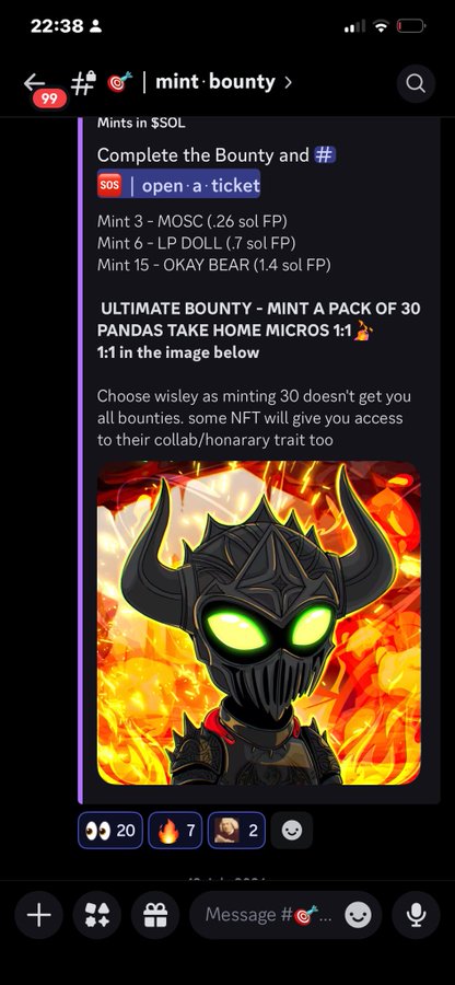 Discord screenshot from mint.bounty channel showing NFT mint requirements including MOSC, LP DOLL, and OKAY BEAR, with an ultimate bounty image of a horned armored character with glowing green eyes.