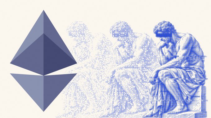An artistic illustration combining the Ethereum logo with a blue classical-style drawing of figures that resembles 'The Thinker' statue, set against a cream background.