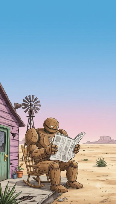 A cartoon illustration of a rock-like golem character sitting in a rocking chair reading a newspaper outside a desert cabin with a windmill in the background.
