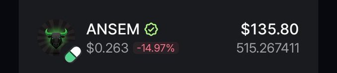The image displays an ANSEM token price tracker showing a value of $135.80 with $0.263 per token, down -14.97%, alongside a stylized bull/skull logo on a dark background. The graphic appears to be supporting a social media giveaway promotion, likely using token price data to attract participants to the 3rd round of the $ANSEM giveaway mentioned in the post.