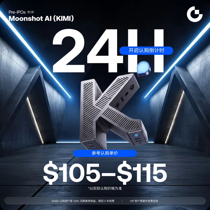 A promotional graphic for 'Moonshot AI (KIMI) K Pre-IPOs' showing a K-shaped mini PC device with a countdown timer at '24H' and a reference subscription price of '$105-$115'.