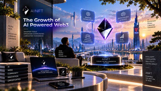 A promotional graphic for AINFT titled 'The Growth of AI Powered Web3' featuring a person overlooking a futuristic cityscape with floating holographic panels labeled 'SMARTER INTERACTIONS,' 'DECENTRALIZED AI ACCESS,' 'STRONGER COMMUNITIES,' and 'REAL UTILITY.'
