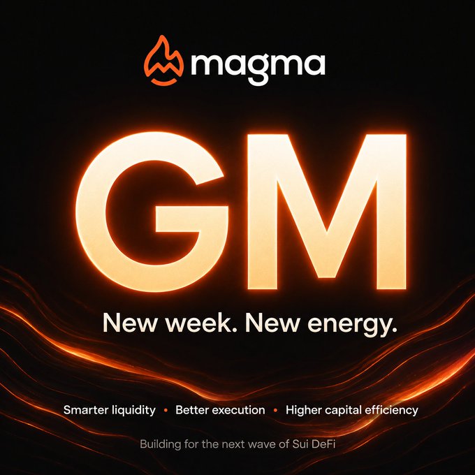 A promotional graphic for 'magma' featuring large glowing orange 'GM' letters with the tagline 'New week. New energy.' and bullet points highlighting 'Smarter liquidity', 'Better execution', and 'Higher capital efficiency' for Sui DeFi.