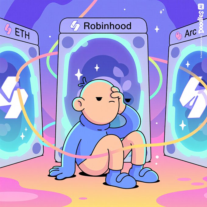 A colorful Doodles NFT illustration showing a cartoon character in a blue hoodie and shorts sitting on the ground between portals labeled ETH, Robinhood, and Arc.