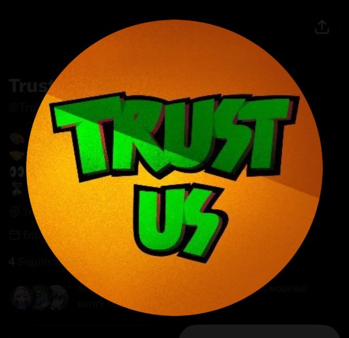 An orange circular graphic with bright green stylized text reading 'TRUST US' displayed over a blurred social media background.