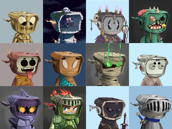 A 4x3 grid of 12 cartoon-style illustrations featuring different creative variations of a character with a robotic or box-shaped head.