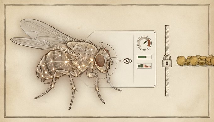 A vintage-style illustration of a detailed fly on aged paper, depicted with geometric/network patterns on its body alongside technical diagrams, a lock symbol, and gold coins.
