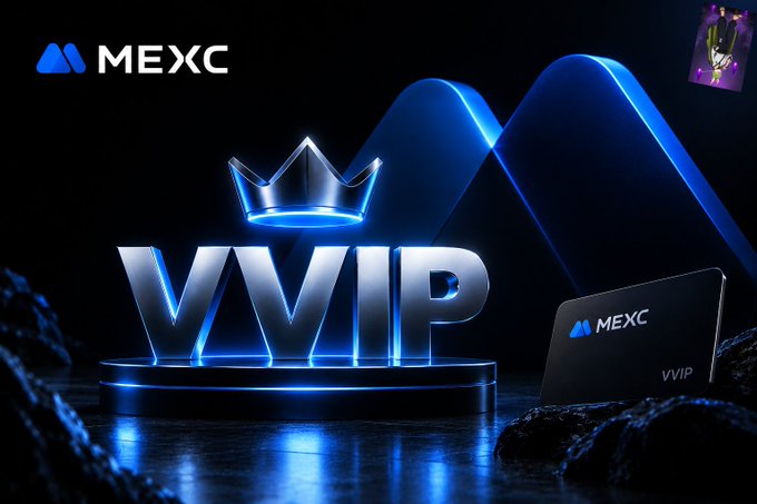 A promotional graphic for MEXC's VVIP program featuring a glowing metallic 3D 'VVIP' logo with a crown on top, displayed on a pedestal with a MEXC VVIP card against a dark, rocky background illuminated by blue light.