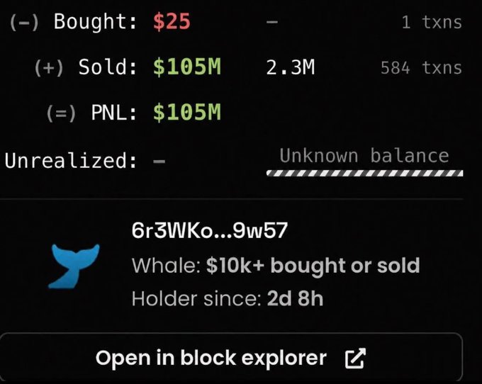 A crypto trading summary showing a bought amount of $25, sold amount of $105M, and PNL of $105M, with a whale alert for address 6r3WKo...9w57 and an 'Open in block explorer' button.