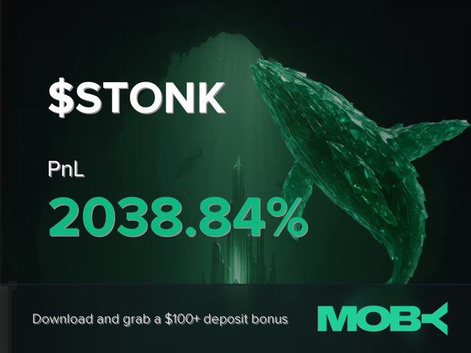 A promotional graphic for Moby featuring a green whale silhouette with "$STONK" branding, highlighting a Win Alert with an extraordinary +2038.84% PnL on the token, alongside an offer for a $100+ deposit bonus download.