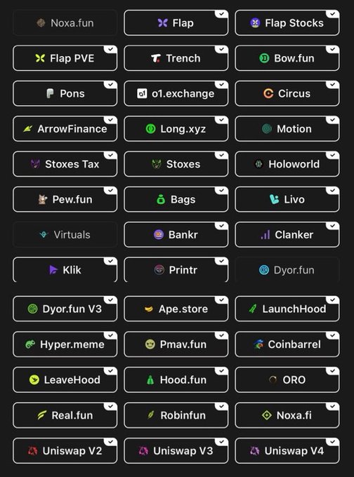 A directory of various crypto/Web3 platforms and tools including Noxa.fun, Flap, Flap Stocks, Flap PVE, Trench, Bow.fun, Pons, o1.exchange, Circus, ArrowFinance, Long.xyz, Motion, Stoxes Tax, Stoxes, Holoworld, Pew.fun, Bags, Livo, Virtuals, Bankr, Clanker, Klik, Printr, Dyor.fun, Ape.store, LaunchHood, Hyper.meme, Pmav.fun, Coinbarrel, LeaveHood, Hood.fun, ORO, Real.fun, Robinfun, Noxa.fi, and Uniswap V2, V3, and V4.