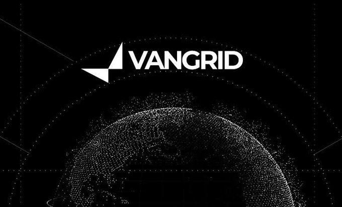 A minimalist logo screen displaying the "VANGRID" brand name and logo over a dotted digital globe on a black background.