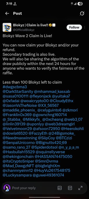 Tweet from @OfficialBlokyz announcing "Blokyz Wave 2 Claim is Live!" with a list of usernames eligible to claim NFTs.