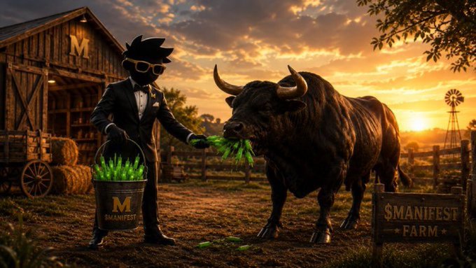 A stylish figure in a tuxedo and sunglasses feeds greenery to a bull at "Manifest Farm" ($MANIFEST) under a golden sunset, with the bucket labeled "M MANIFEST." The bullish imagery and farm setting symbolize the post's prediction of rising floors and major upward momentum on $SOL and RH chain.