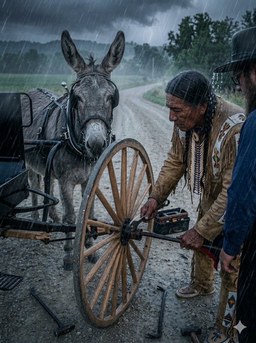 A cinematic scene of a Native American man in traditional fringed buckskin clothing repairing a wooden wagon wheel in the rain, while his mule stands nearby watching.