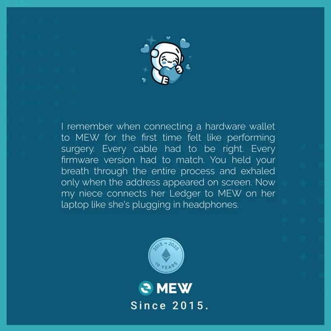 A teal promotional graphic for MEW (MyEtherWallet) celebrating 10 years (2015-2025) with text reminiscing about connecting hardware wallets.