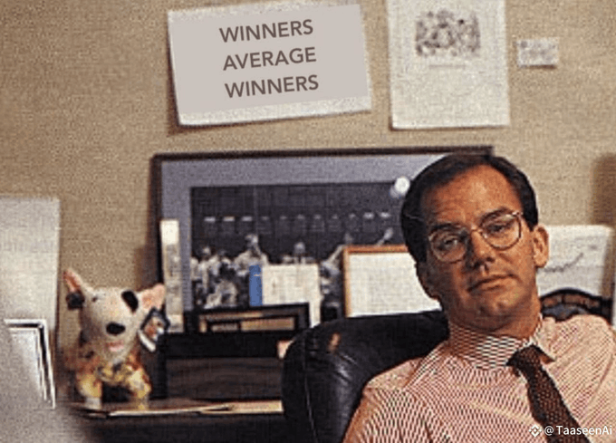 An AI-generated image showing a character resembling Dwight Schrute from The Office at a desk, with a sign reading 'WINNERS AVERAGE WINNERS' above and a Pikachu figure nearby, tagged @TaastenAi.