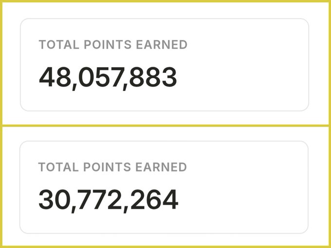 Two panels displaying 'TOTAL POINTS EARNED' with the values '48,057,883' and '30,772,264' in bold black text.