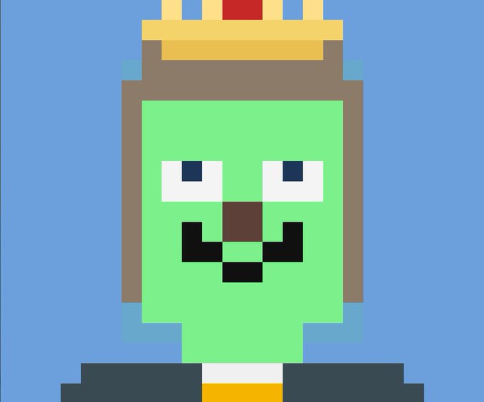 A pixel art character resembling King Julien from Madagascar with a brown mane, yellow and red crown, green body, and wide grinning face against a blue background.