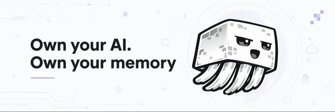 The image features a cartoon ghast-like character with a cube body and tentacles, alongside the text "Own your AI. Own your memory," promoting Ghast AI's platform for personalized AI memory ownership. This aligns with the post highlighting Ghast AI's product trial and upcoming Agentic ID NFT whitelist opportunity.