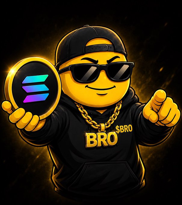 A cartoon yellow emoji character wearing sunglasses, a black cap, and a gold chain that reads 'BRO $BRO' holds a golden coin with the Solana logo.