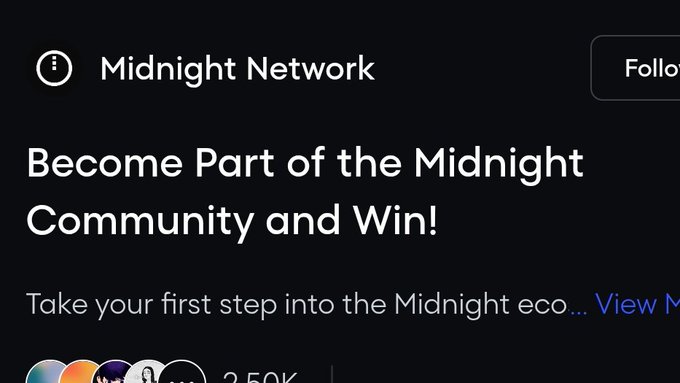 The image displays a "Midnight Network" header with the text "Become Part of the Midnight Community and Win!" and a follow button at the top right. It relates to the post by promoting the Midnight Community task on Galxe with a 1,500 USDT prize pool awarding 15 USDT to each of 100 winners.