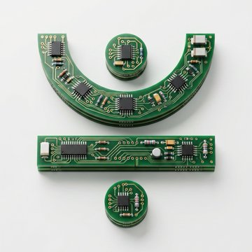 Three green printed circuit boards are arranged on a white surface—a curved arc-shaped board with multiple microchips, a rectangular board with electronic components, and a small circular board—visually representing the distributed, decentralized hardware infrastructure that underlies blockchain networks like TRON, where computational bandwidth and energy resources are commoditized across interconnected nodes.