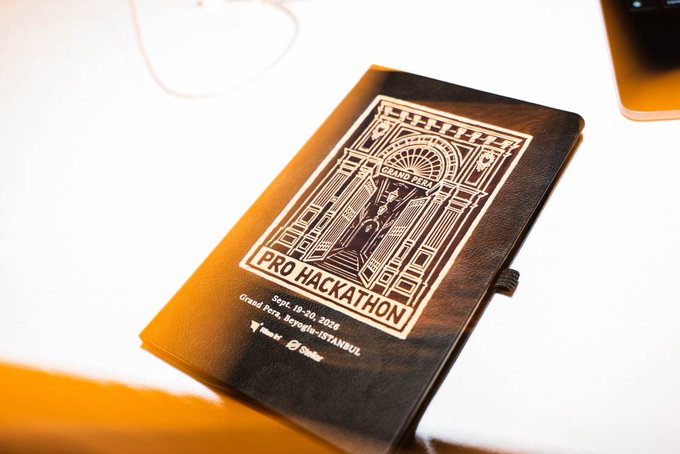 A photo of a black leather-bound notebook with gold foil embossing that reads 'PRO HACKATHON' and 'Sept. 18-20, 2026, Grand Pera, Beyoğlu-ISTANBUL,' featuring an architectural illustration of a building entrance.