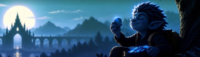 An animated blue goblin-like creature holds up a glowing blue egg or orb, smiling, set against a moonlit landscape featuring a castle on a bridge.