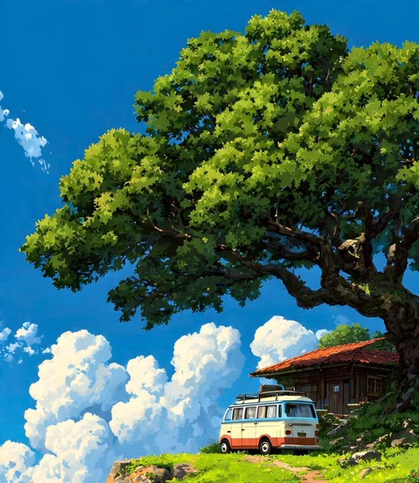 Anime-style illustration featuring a large green tree, a vintage van/camper parked next to a small house, and fluffy white clouds against a bright blue sky.