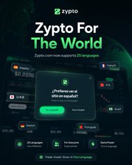 The image is a promotional graphic for Zypto, featuring the headline "Zypto For The World" and a subtitle noting "Zypto.com now supports 25 languages." It displays a mobile app interface with crypto market data (showing $10.0330) alongside a language selection prompt reading "¿Prefieres ver el sitio en español?" with a green "Start Now" button.

The graphic directly supports the post's announcement of Zypto.com v2's expanded 41-language support and global accessibility, while showcasing the app's multilingual interface and crypto market tools.