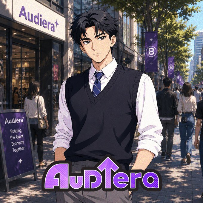 An anime-style illustration of a young man in a black vest and tie standing on a city street in front of an 'Audiera' storefront with the tagline 'Building the Agent Economy Together'.