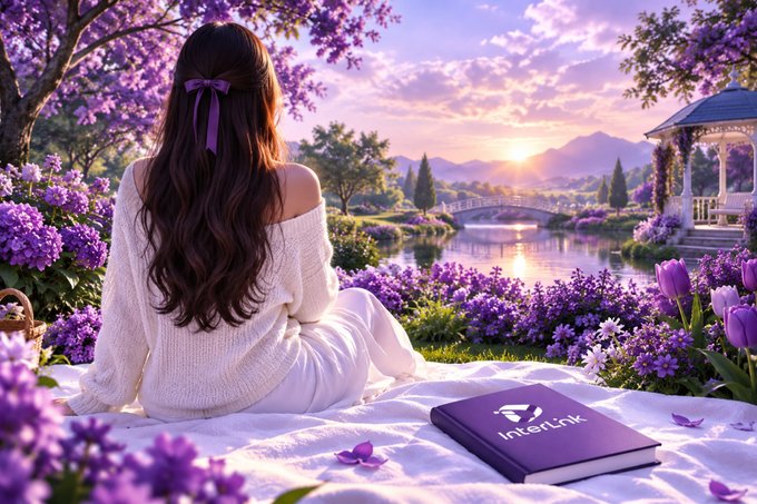 An anime-style illustration of a girl with long dark hair sitting on a blanket surrounded by purple flowers, looking at a sunset over a lake, with a purple book labeled 'Interlink' beside her.