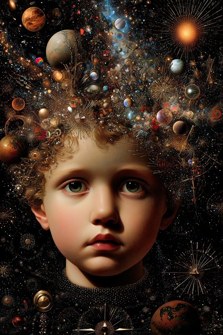 A surreal, highly detailed digital portrait of a young child whose curly hair transforms into a cosmic expanse filled with planets, stars, and fireworks.