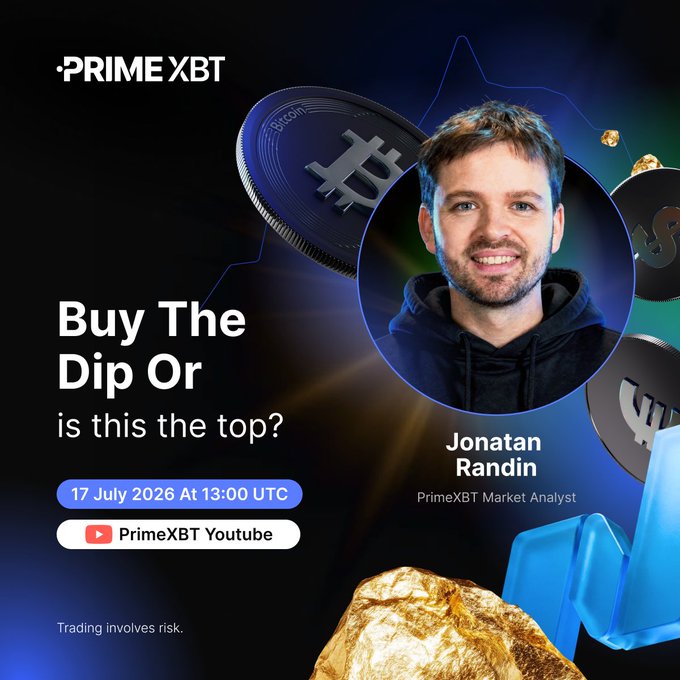 A PrimeXBT promotional graphic featuring analyst Jonatan Randin with the text 'Buy The Dip Or is this the top?' scheduled for 17 July 2026 at 13:00 UTC.