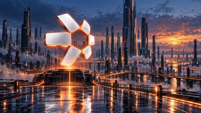 A futuristic cyberpunk cityscape at sunset with towering skyscrapers, featuring a glowing metallic geometric logo in the center.