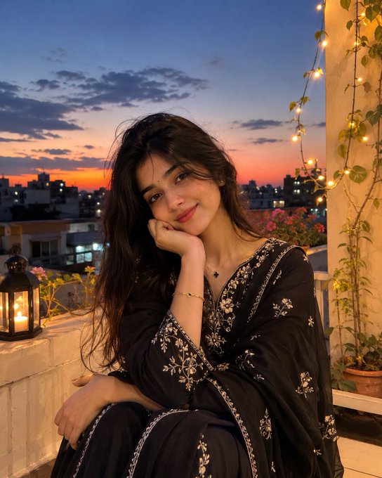 The image features a woman sitting down with her hand resting on her face. She appears to be posing for a photo or selfie. The background of the image shows a city skyline at sunset, which adds an interesting visual element to the scene. The woman is wearing a black dress and has dark hair that contrasts with the warm hues of the sunset.