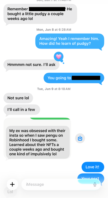 The image shows a text message conversation between two people discussing penguins. One person is asking about penguin mating habits while the other responds with information about penguin mating habits, including that they mate for life. The conversation also includes mentions of penguins being "instagrammable" and "love it." This post seems to be promoting penguin mating habits or penguin relationships in general, possibly related to NFTs or penguin-themed merchandise.