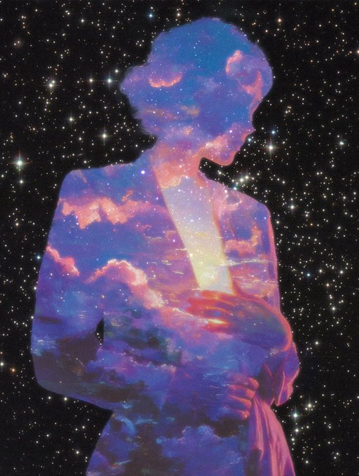 A silhouette of a figure is filled with a vibrant sunset sky of pink, orange, and purple clouds, set against a starry cosmic background, with a glowing light emanating from within the figure's chest—evoking the artwork's title "always trust the light within you."