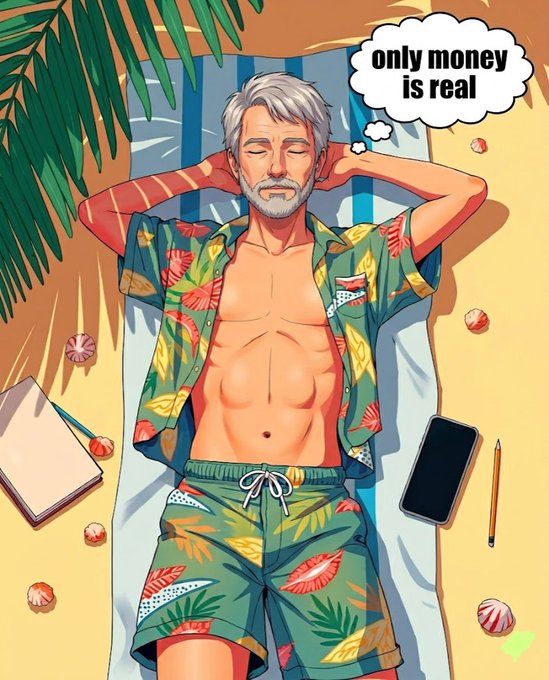 The image features a man lying down on a beach, wearing a Hawaiian shirt with palm trees printed on it. The man has his arms crossed over his chest as he relaxes under an umbrella. In front of him are several books scattered around, suggesting that he might be reading or enjoying some leisure time at the beach.

The image also includes text elements such as "only money is real" and a thought bubble with the words "exit liquidity". These elements add context to the scene and provide a humorous twist on the typical beach setting.