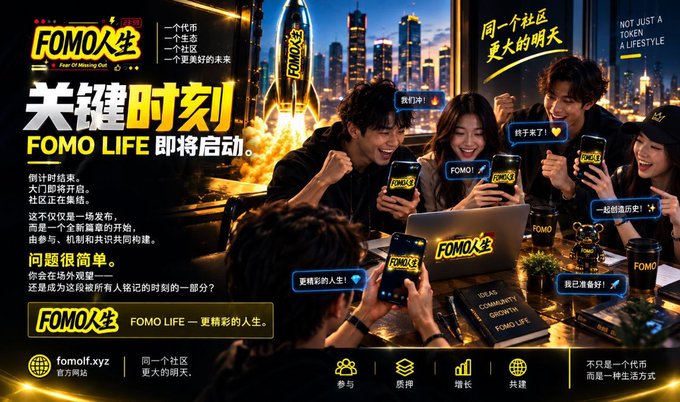 A FOMO人生 (FOMO LIFE) promotional poster featuring Chinese and English text about 'Fear Of Missing Out' with a group of excited people holding phones displaying the FOMO logo.